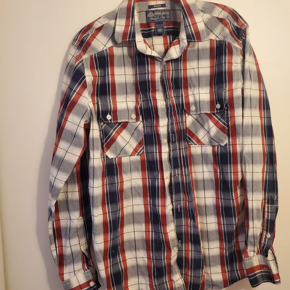 American Rag Mens Medium Plaid Button-Up Shirt Red & Blue 100% Cotton